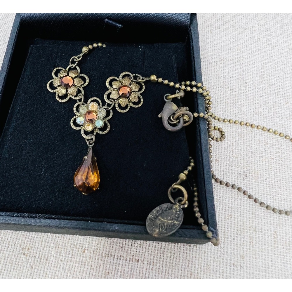 Michal Negrin Vintage Floral Crystal Drop Necklace Antiqued Brass Amber Glass - Picture 6 of 8